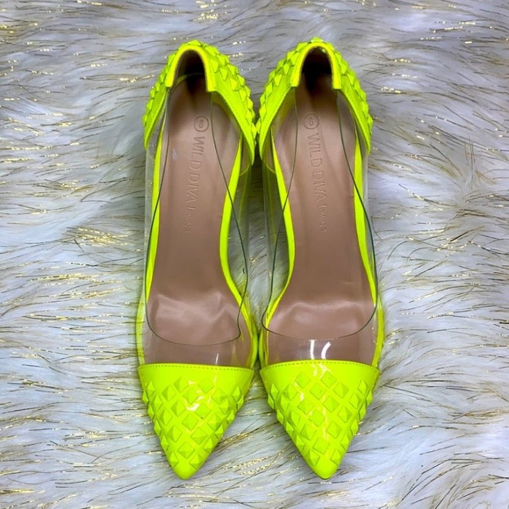 Wild Diva - Neon Yellow Pointy Studded Sexy Stiletto Heels Size 8